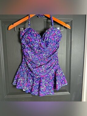 Floral Ruched Halter Swimdress One-Piece - Purple